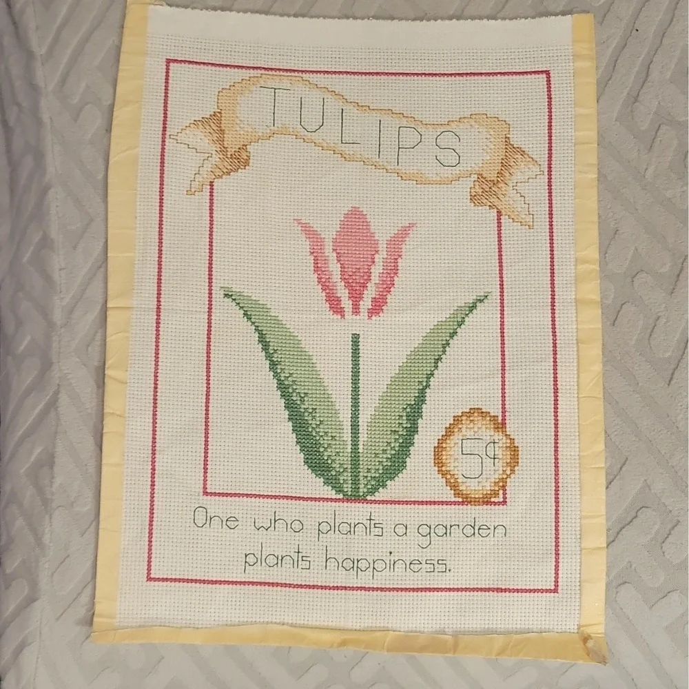Handmade Framed Cross Stitch Tulips Floral Sampler Needlework Wall Art 9x12